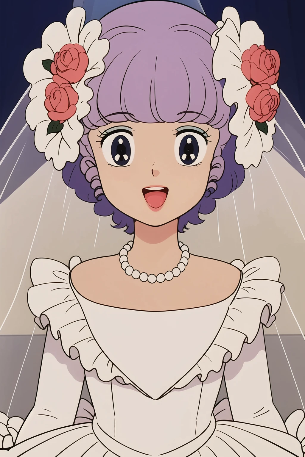 masterpiece,best quality,highres,<lora:creamymami3:0.65>,1girl, solo,necklace, jewelry, necklace, flower, veil, dress,  looking at viewer, wedding dress, bridal veil, bilateral symmetry rose, bow, bilateral symmetry pink flower, bilateral symmetry hair flower, pearl (gemstone), hair ornament, bangs,detached face,open mouth, smile,