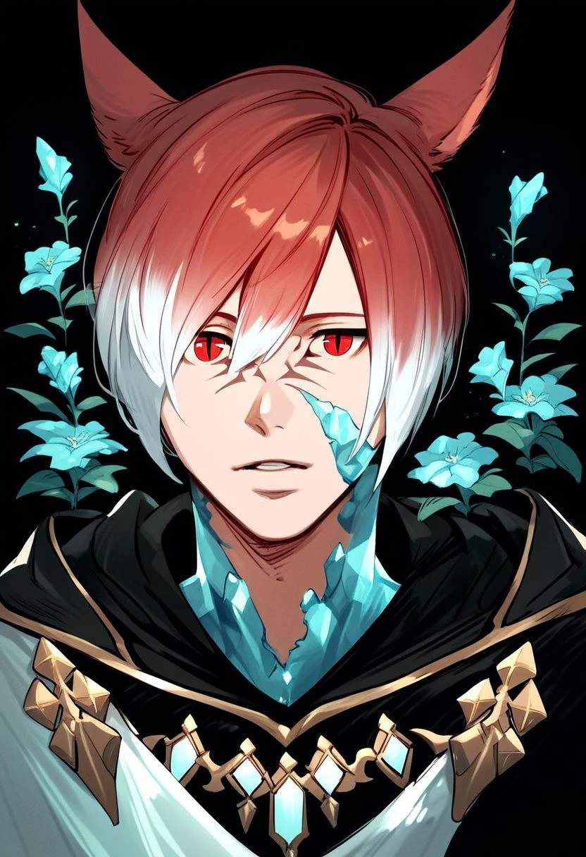 crystalexarchdskffxiv, 1boy, animal ears, solo, male focus, red eyes, red hair, cat ears, miqo'te, short hair, bangs, multicolored hair, flower, portrait, parted lips, hair between eyes, crystal, looking at viewer, slit pupils, upper body, two-tone hair, gradient hair, hood, hooded robe, white hair, black background, facial mark, PonyXLV6_Scores zPDXL