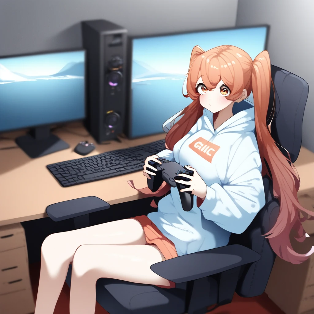 1girl, auburn-brown hair, long hair, twintails, auburn-brown eyes, medium-sized chest, hoodie, sitting on chair, holding gaming controller, looking at computer monitor,