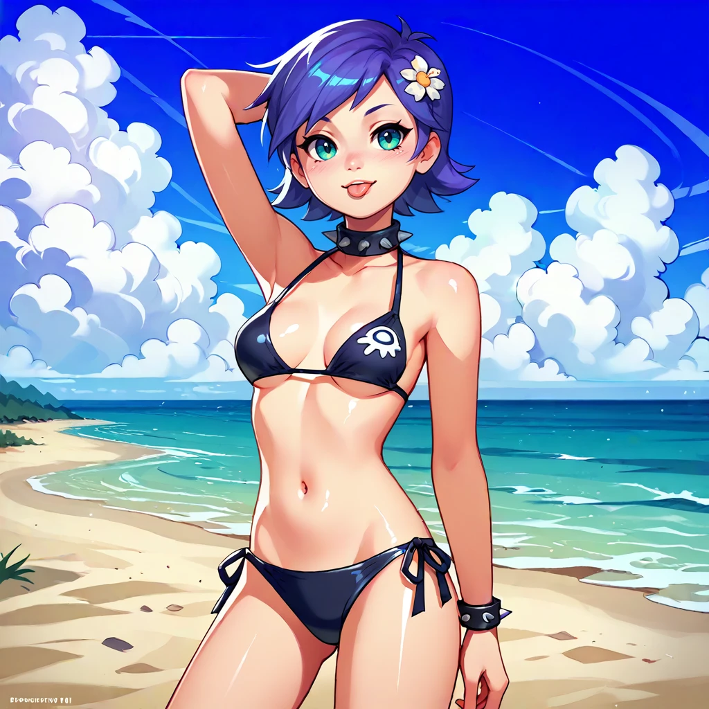 yumi, score_9, score_8_up, score_7_up, score_6_up, BREAK <lora:Hi_Hi_Puffy_AmiYumi:0.8>, swimsuit, navel, bikini, breasts,tongue out, AmiYumi, solo, breasts, hair_ornament, short_hair, medium_breasts, shiny skin, beach, cloudy sky, black outline eyelash,summertime render, spiked collar,