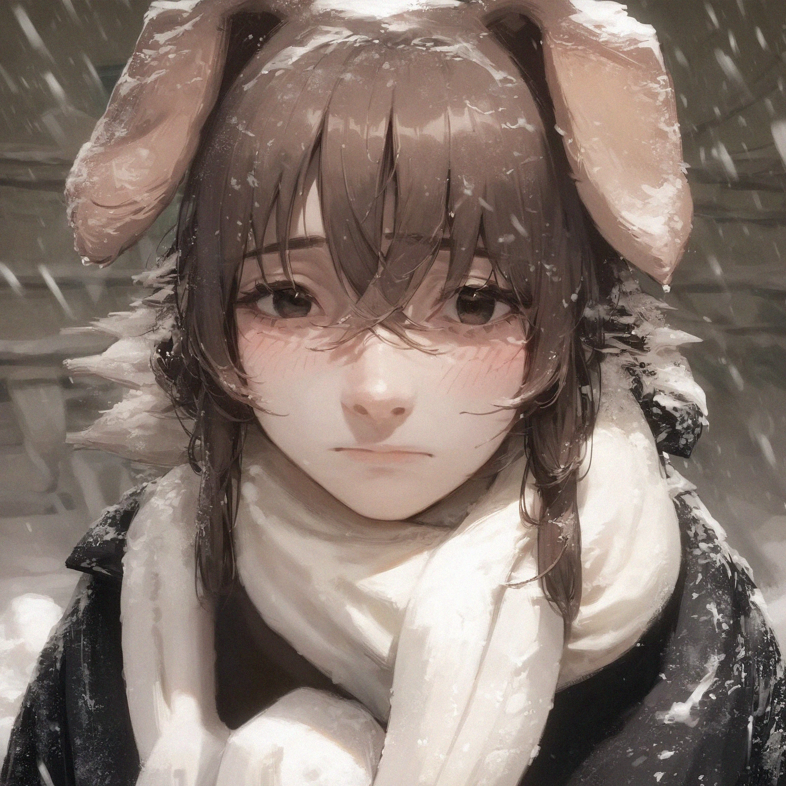 <lora:husbant_v02_(ponyDiffusionV6XL):1>, score_9, score_8_up, score_7_up, 1girl, black coat, snowing, looking at viewer, winter, closed mouth, white scarf, dog ears, hair between eyes, brown hair, blush, low twin braids,