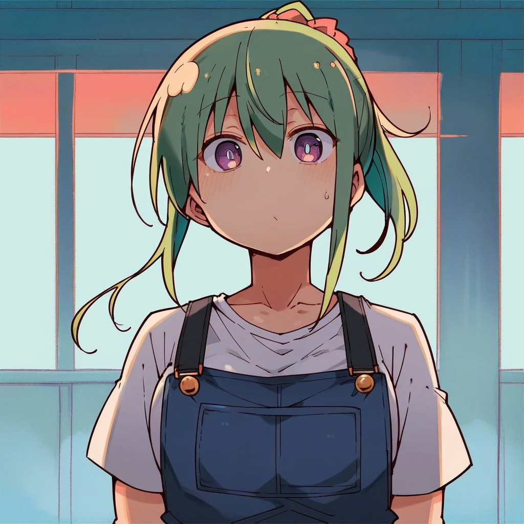 score_9, score_8_up, score_7_up, score_6_up, score_5_up, score_4_up, source_anime, 1girl, green hair, ponytail, purple eyes, white t-shirt, overalls, upper body, farm, barns, sunny, (cool-kyou shinja), masterpiece, highres, <lora:CoolKyouPony:0.85>