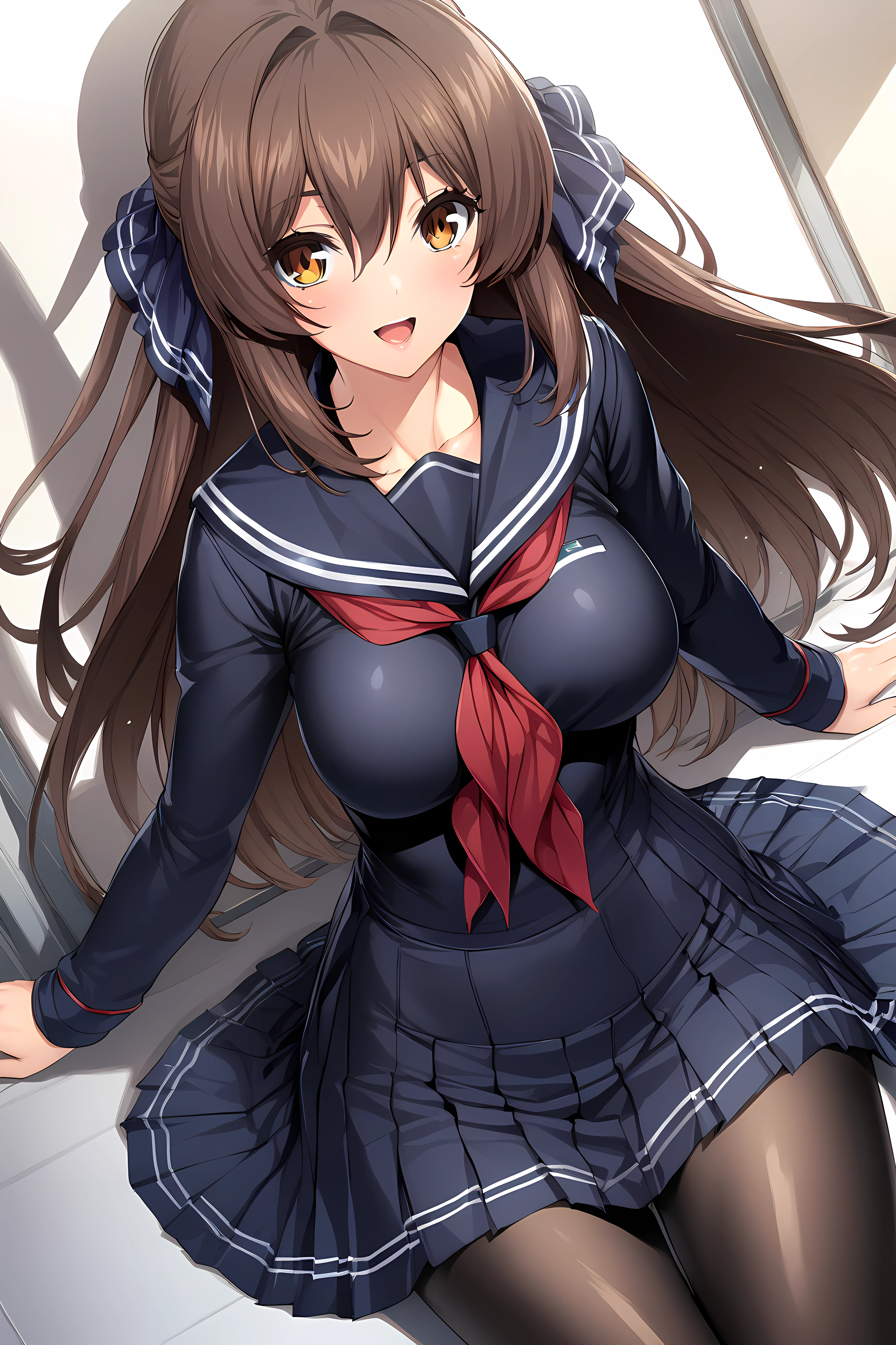 (masterpiece),(best quality),(ultra-detailed),(best illustration),(best shadow),(absurdres),(detailed background),(very aesthetic), marina katsuragi, schooluni, 1girl, solo, large breasts, long hair, brown hair, pantyhose, school uniform, skirt, open mouth, smile, black pantyhose, serafuku, white background, simple background, looking at viewer, pleated skirt, smile,  <lora:MarinaKatsuragi-09:1>