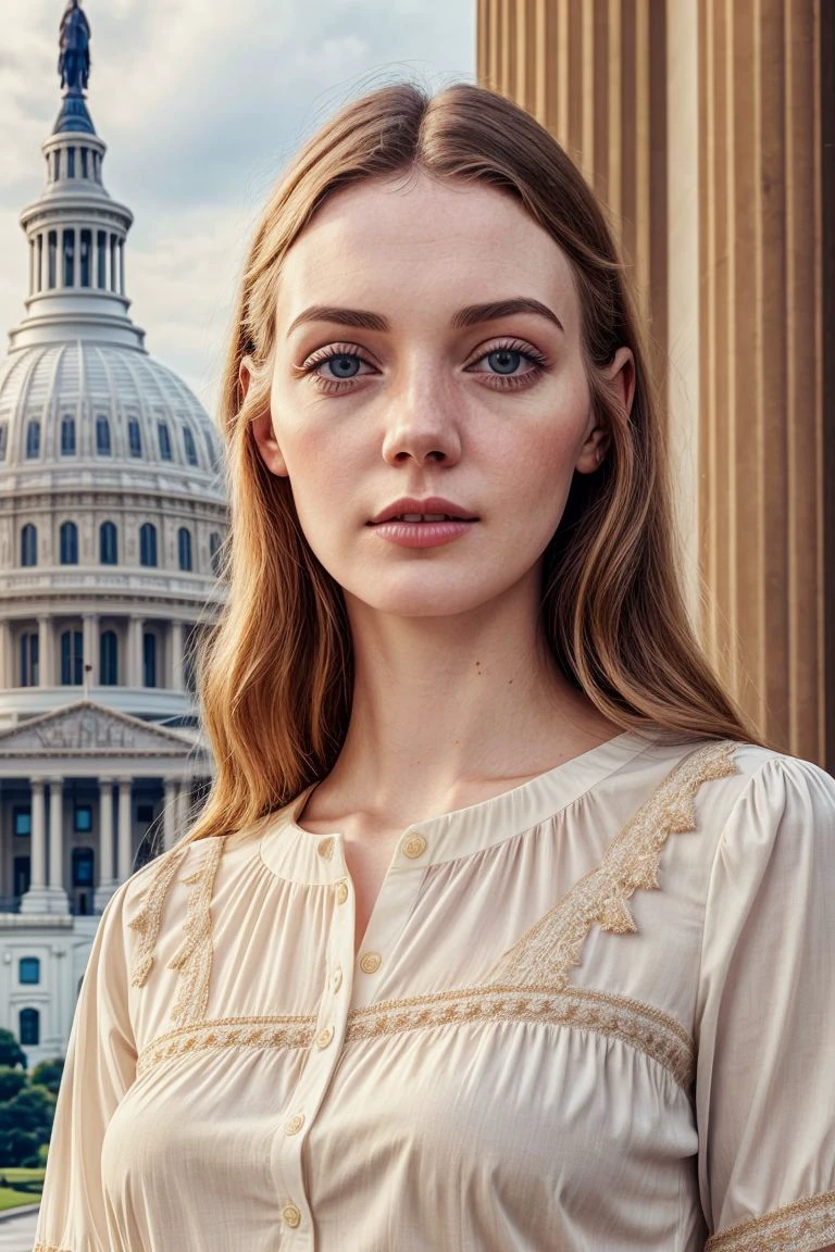 European woman, closeup, (shirt), pants, (us capitol), (), ZM_isa, wide shoulders, perfect face, (contact iris: 1.1), pale skin, skin pores , depth of field