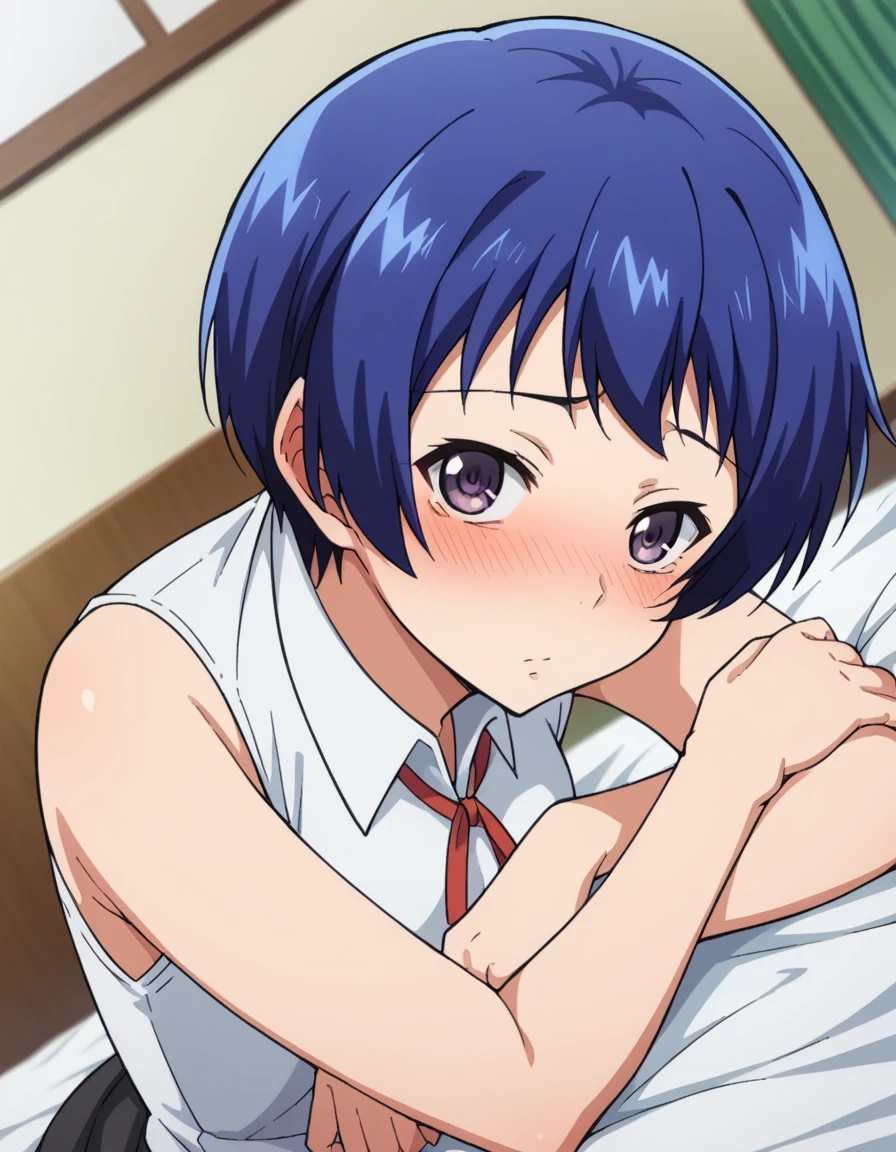 score_9, score_8_up, score_7_up, source_anime,
ainayoshizawa, <lora:aina-yoshizawa-s1-ponyxl-lora-nochekaiser:1>,
aina yoshizawa, short hair, blue hair, purple eyes,
skirt, sleeveless, socks, shirt, white shirt, collared shirt, ribbon, neck ribbon,
indoors, bed, bed room, on side, blush, drunk,
looking at viewer, dutch angle, cowboy shot, solo,