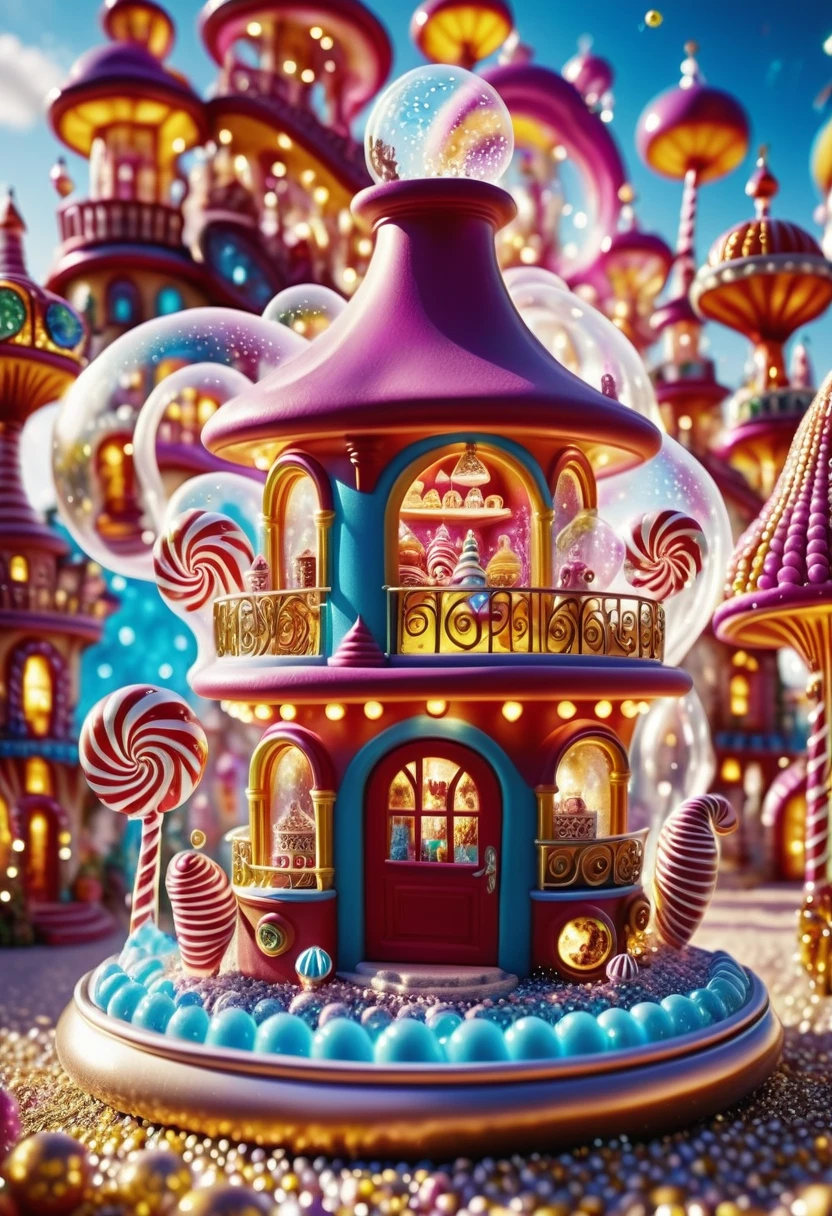 cinematic photo In a surreal landscape, a miniature house, made entirely of glass and ceramic, takes the form of a whimsical structure. Inside a can of soda, a vibrant carnival swirls and explodes in a mesmerizing display of bubbles rising and popping. , 35mm photograph, film, bokeh, professional, 4k, highly detailed,