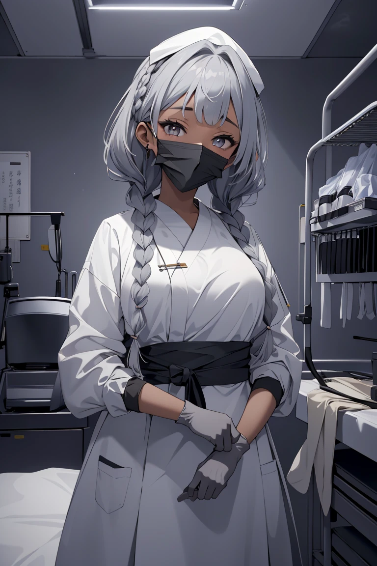 (RAW photo, best quality), (1girl), operating room, overhead surgical light,blurred background, focused,
 <lora:Gloving_UP_V2.0-000006:0.8> gloving_surgeon, surgical mask, long sleeves, looking at viewer, adjusting gloves, bouffant cap, gloves,glove pull,
 <lora:Fumiko Kubo:0.7> (1girl, 3dcg 04, bangs, blunt bangs, dark skin, dark-skinned female, fumiko kubo, grey eyes, grey hair, medium breasts, side braids, sidelocks, solo, twin braids, very long hair),