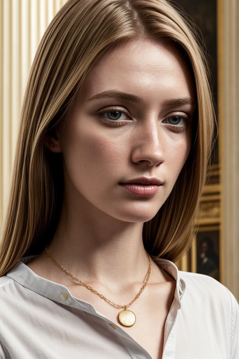 European woman, closeup, (shirt), pants, (us capitol), gold necklace , ZM_stefana, wide shoulders, perfect face, (contact iris: 1.1), pale skin, skin pores , depth of field