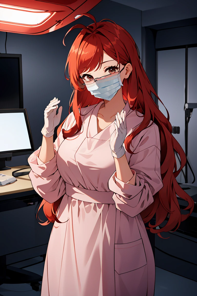 (RAW photo, best quality), (1girl), operating room, overhead surgical light,blurred background, focused,
 <lora:Hands_UP_V2.0-000006:0.8> hands_up_surgeon, looking at viewer, surgical mask, gloves,long dress, long sleeves,
 <lora:Claudia_Suzuki_V1.0:0.8> claudia suzuki, mature female, semi-rimless eyewear, red hair, long hair, brown eyes, antenna hair,