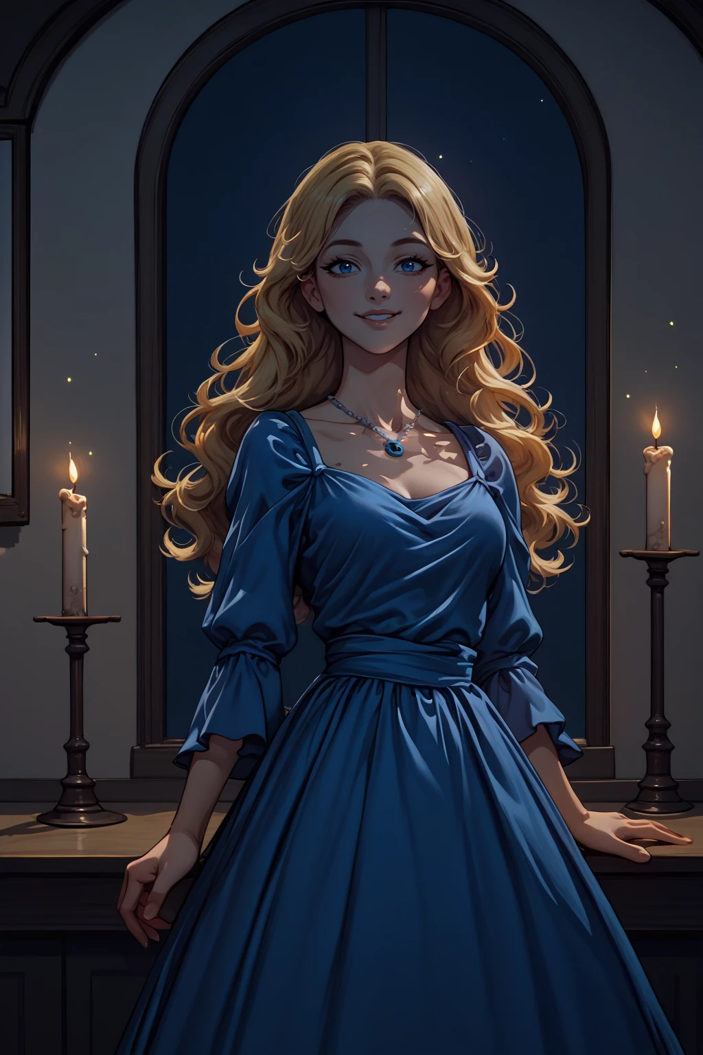 source_anime, score_9, score_8_up, score_9, 1girl, solo, <lora:NSHaleyStardew:1> NSHaleyStardew, long hair, blonde hair, blue eyes, blue dress, evening, indoors, cowboy shot, candle light, jewelry, necklace, smile