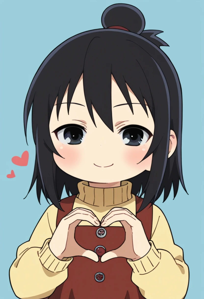 score_9, score_8_up, score_8, source_anime, 1girl, solo, chibi, <lora:HitohaMarui:0.9> , black eyes, black hair, hair bun, yellow sweater, turtleneck, red dress, smile, blush, upper body focus, heart hands,
light blue background, simple background,