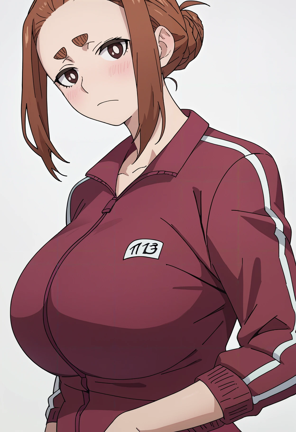 score_9,score_8_superior,score_7_superior,score_6_superior,sauce_anime,sumireko ogawa, One girl, alone,Sticking out tongue, Mischievous face, Heavy breathing,  , Jacket, track Jacket, Hair Bun, superiorper body, blush, single Hair Bun,  View your viewers, Large Breasts, Tracksuits, Thick eyebrows, Huge breasts, red Jacket,  White Background 、Pregnant women、Put your hands on your stomach