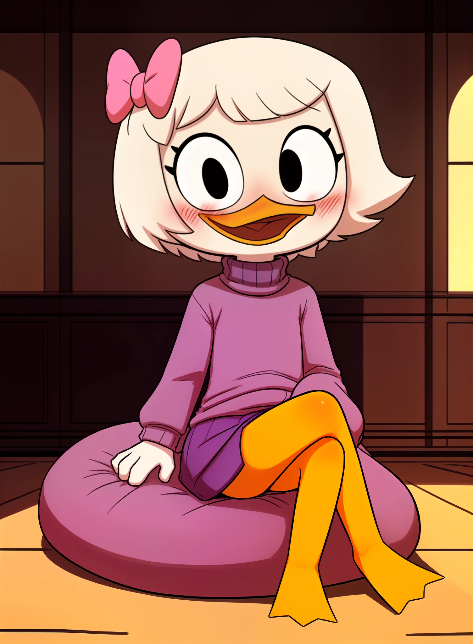 (by manmosu marimo:1.2) (by bebebebebe:0.7) (by_the-minuscule-task:0.6)  (detailed background, mansion, inside:1.2) webby_vanderquack, solo, (white skin, white hair, short hair, scut tail, sitting, crossed legs, bean_bag,  :1.2), ducktales, (orange legs, young, child, female, short, on model, duck, beak, chibi, webbed feet,  pink bow:1.2) (black eyes, happy, blush:1.3) (purple skirt, purple sweater, turtleneck, baggy_clothing:1.4) <lora:Webby Vanderquack V2A:0.5>