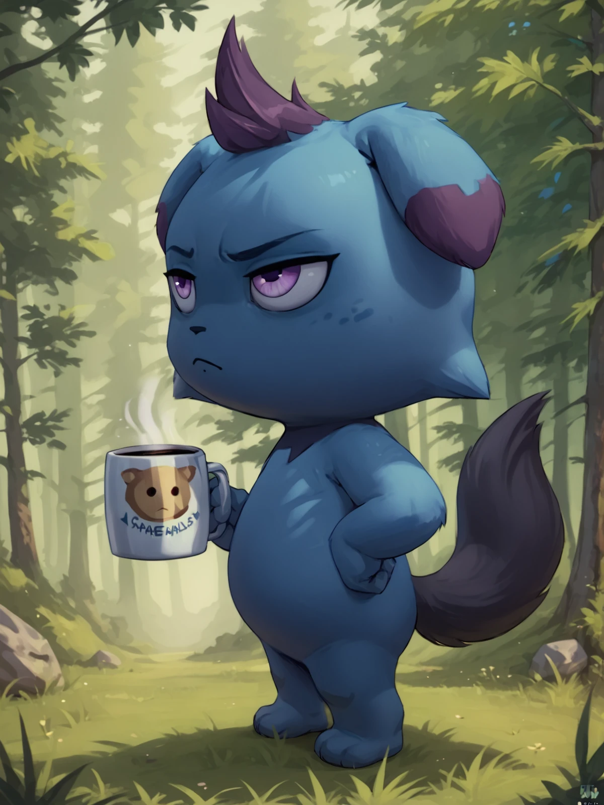 score_9, score_8_up, score_7_up, score_6_up, score_5_up, score_4_up, forest, side view, full body BREAK
<lora:Depresso:1> depresso, blue body, purple eyes, looking up, holding mug, coffee mug, hand on hip, standing