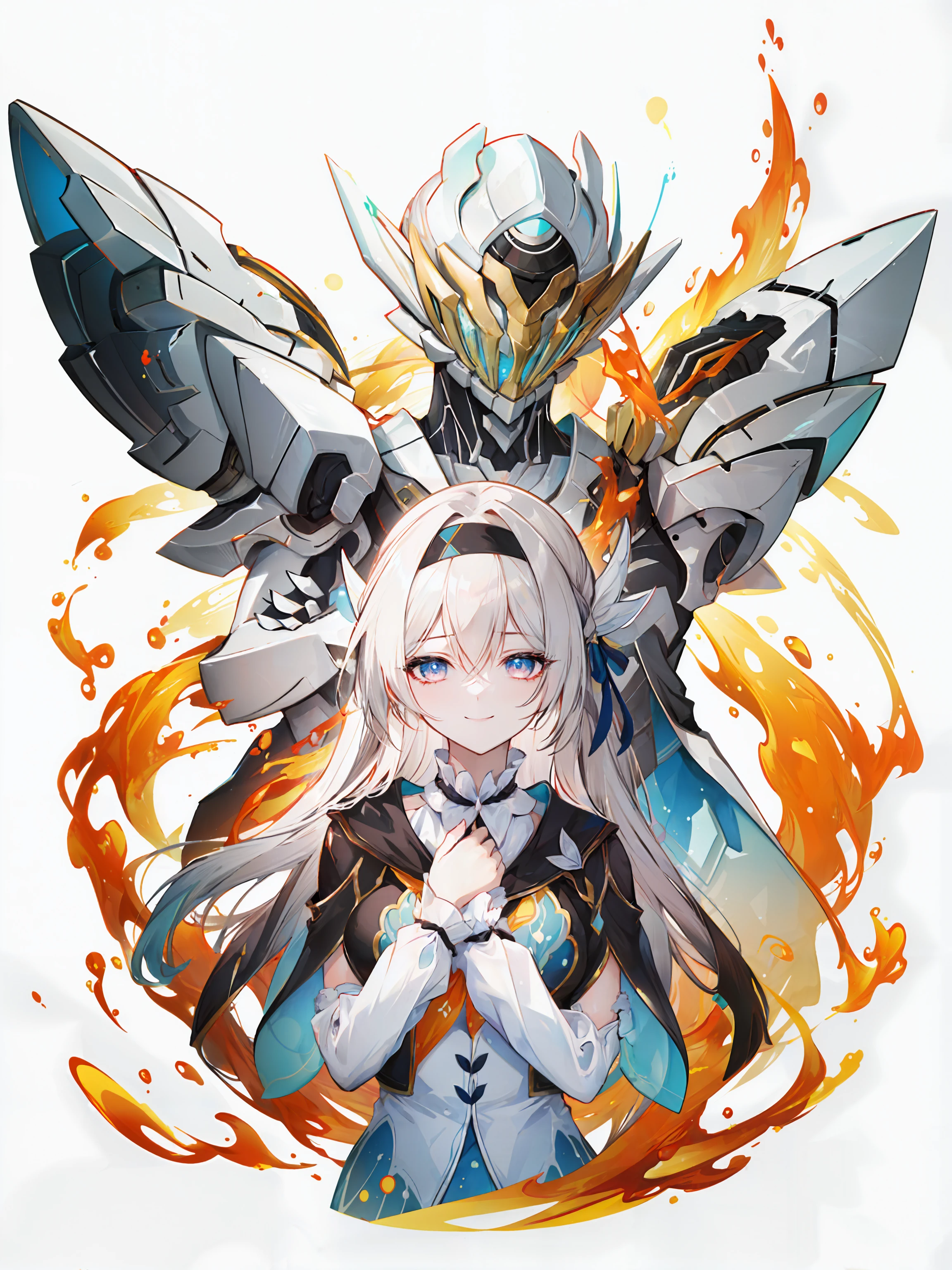 ((masterpiece,best quality)), 2persons, gradient background, fire, crossover ADDCOMM
1other sam, mecha, armor, crossed arms ADDROW
1girl, fireflyhsr, hairband, smile