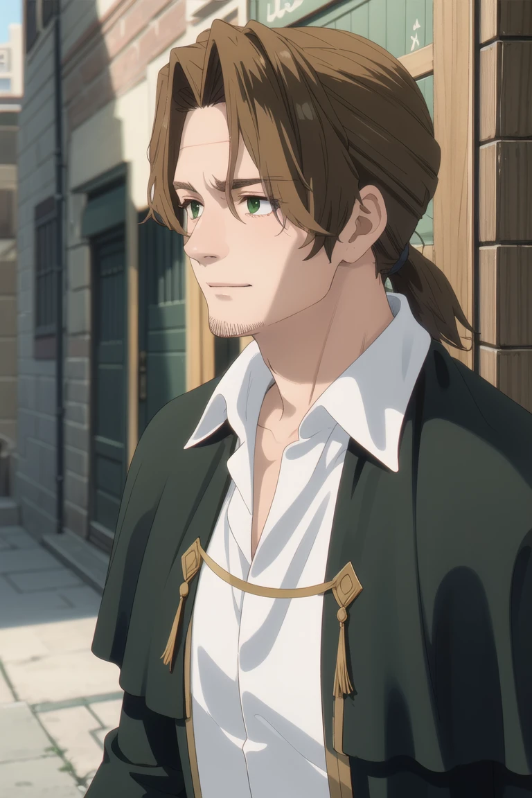 solo male, Sein \(Frieren: Beyond Journey's End\), priest, brown hair, low ponytail, parted bangs, thin hair, stubble, green eyes, white collared shirt, (shirt white hems, untucked shirt:1.3), (dark coat with a golden accent), dark capelet, dark sleeves, open coat, (portrait, close-up, headshot), slight smile, mature, handsome, charming, alluring, perfect anatomy, perfect proportions, best quality, masterpiece, high_resolution, dutch angle, photo background, old city<lora:EMS-360624-EMS:1.000000>