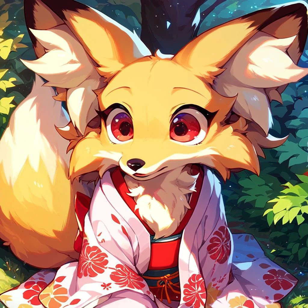 anthro, solo, feral, female, canid, fox, red_eyed_fox, yellow fur, clothes, sitting, wearing pink kimonos, fluffy fur, big red eyes, big fox tail, big fox ears, at park, score_9_up, score_8_up, score_7_up, source_anime