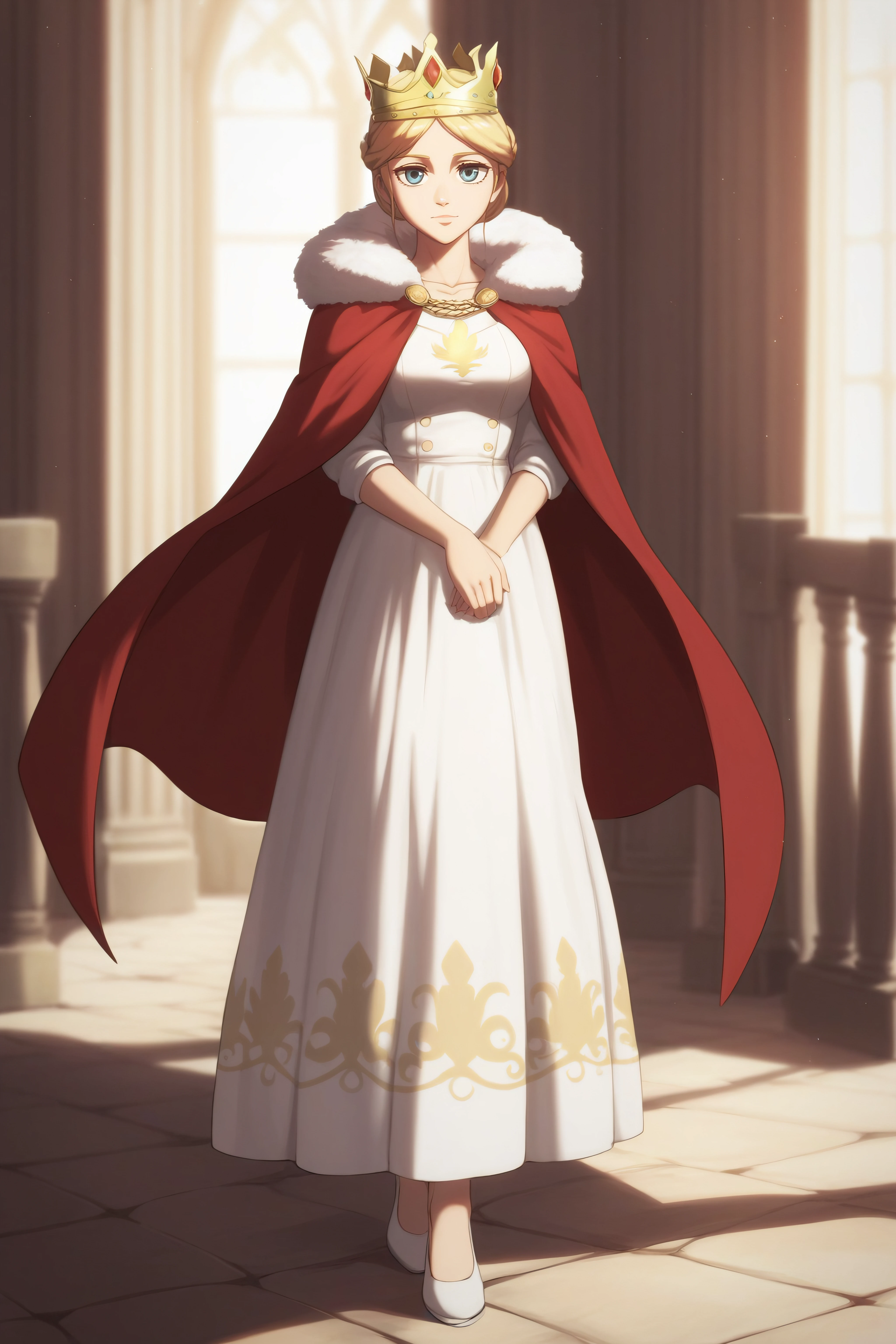 score_9, score_8_up, score_7_up, BREAK source_anime, <lora:historia reiss-PonyXL-lora-Faxtron:0.8> historia reiss, hair bun, medium breasts, long white dress, red cape, fur trim, crown, white shoes,