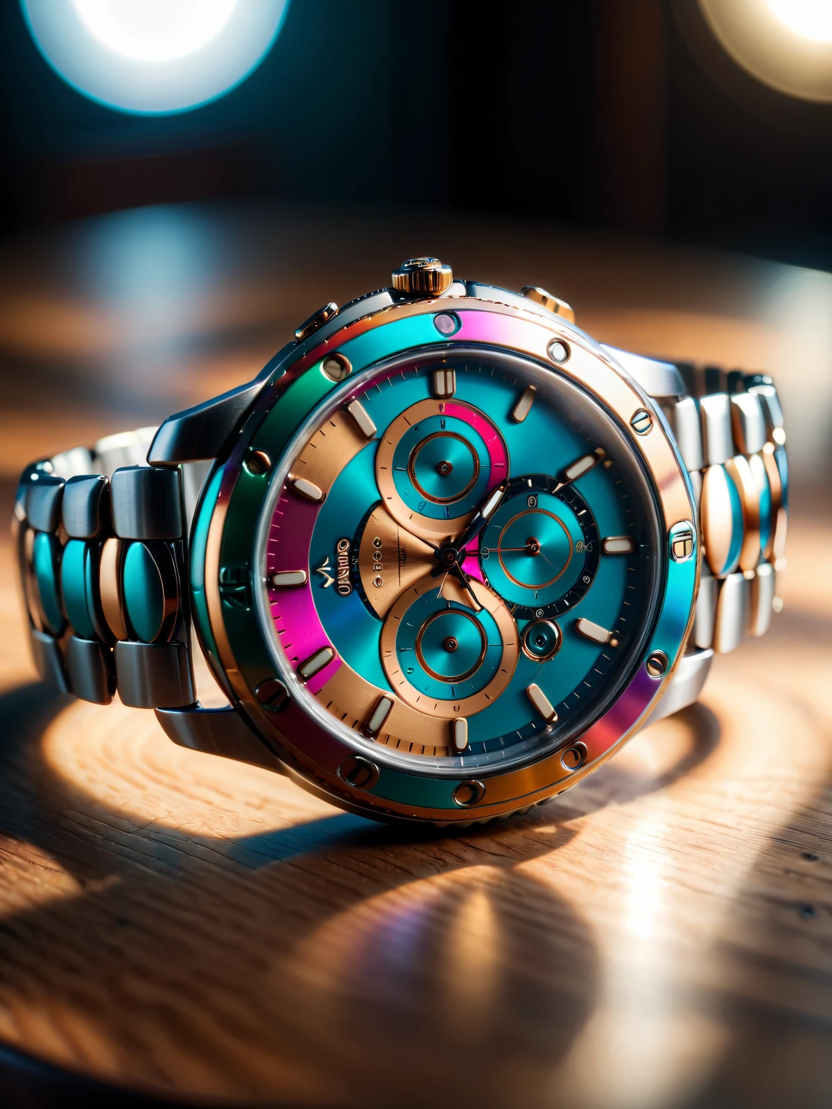close-up of colorful mad-clfcrcle watch lying on wooden table, light rays, cinematic shot, great lighting <lora:Colorful_Circles_SDXL_v2:1>, raw photo, film grain, Fujifilm XT3, (photorealistic, realistic:1.2), deep shadow, 8k, uhd, dslr, ultra high res