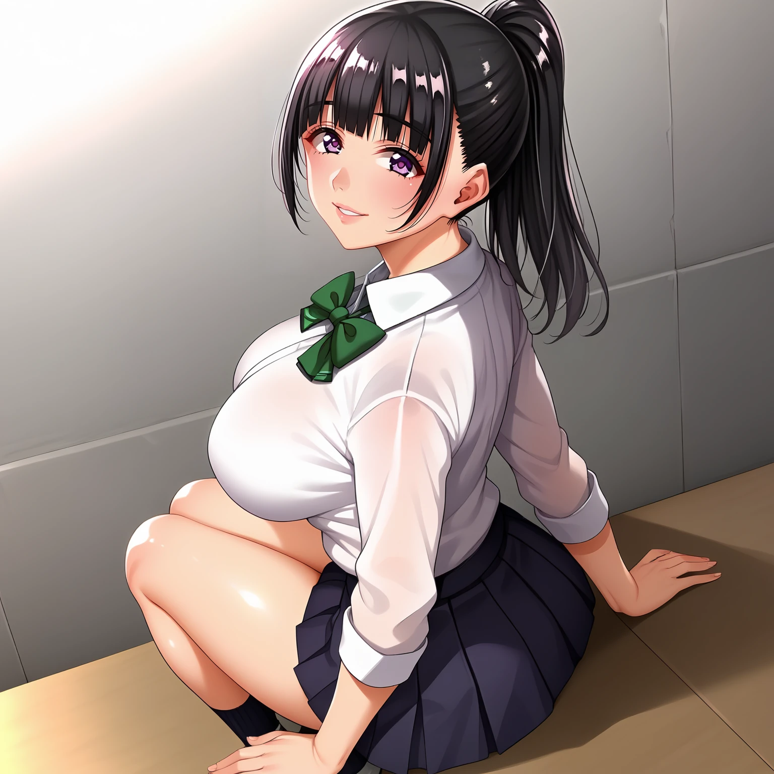 <lora:YuiTachibanaXLpony001>,looking at viewer,smile,parted lips,
solo,
YuiTachibana,1girl,black hair,ponytail,purple eyes,
large breasts,
white shirt,green bowtie,
pleated skirt,thigh,
full body,standing,looking back,sitting,