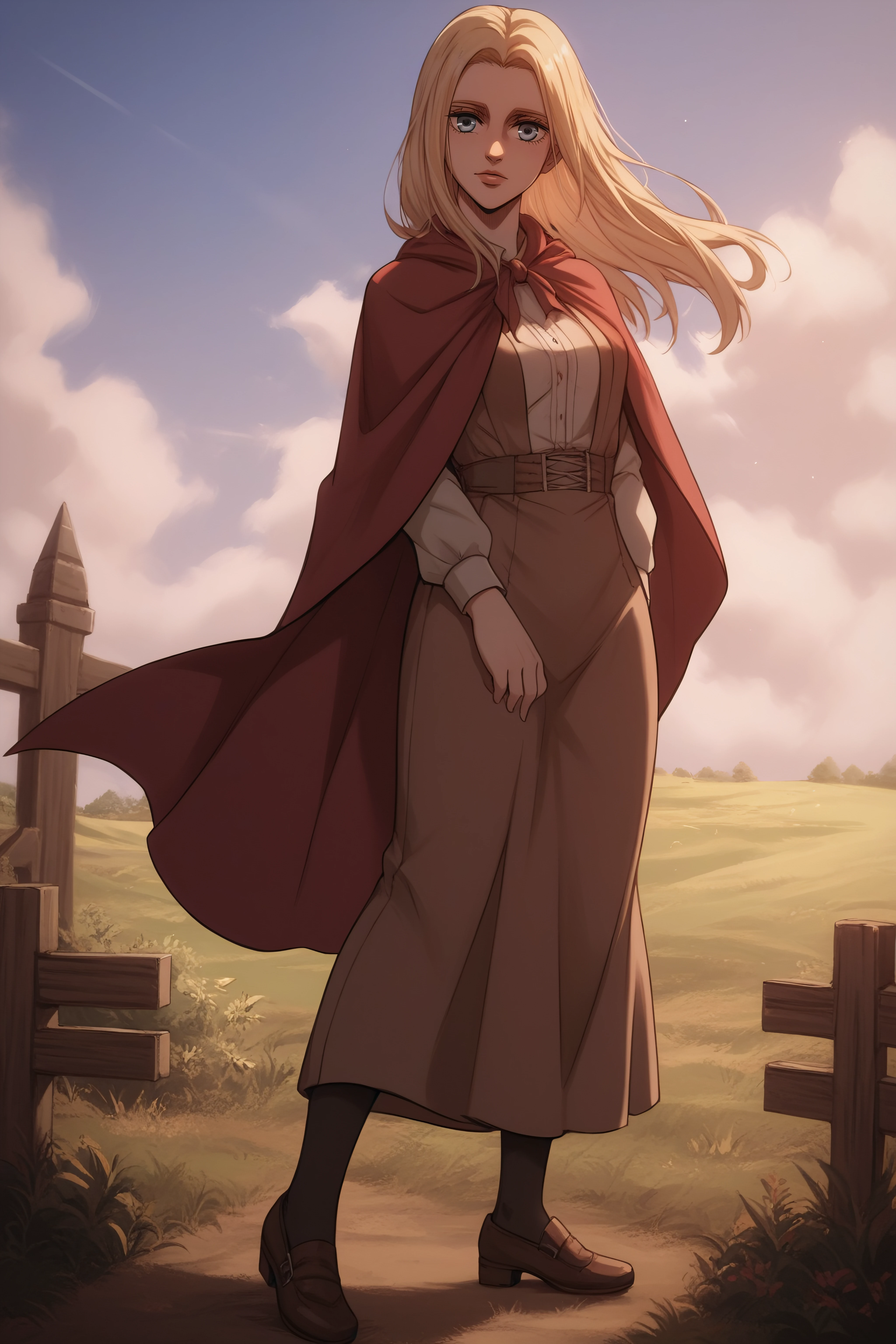 score_9, score_8_up, score_7_up, BREAK source_anime, <lora:historia reiss v2-PonyXL-lora-Faxtron:0.8> historia reiss, medium breasts, long brown dress, red cape, shoes,