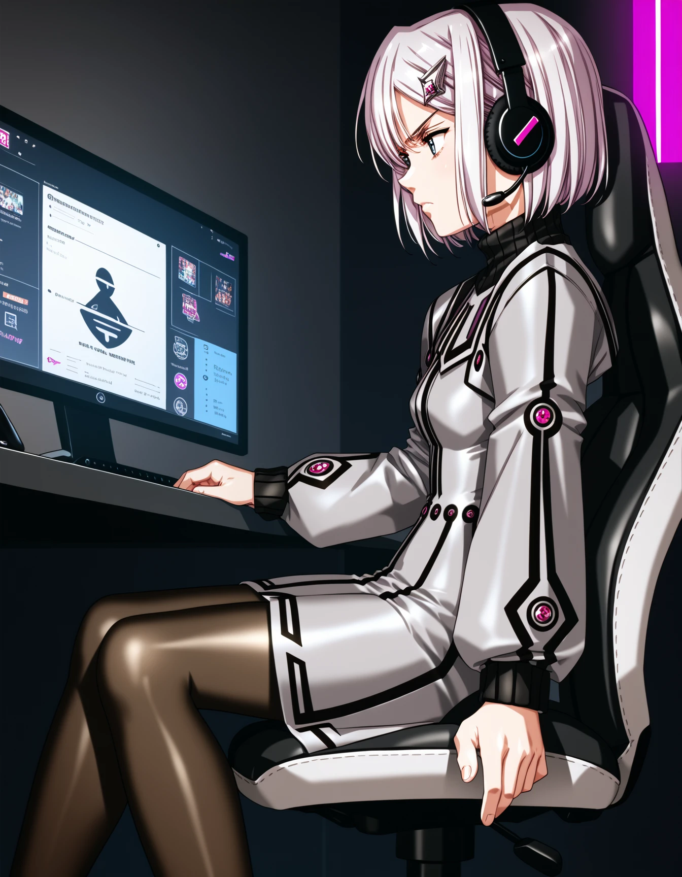 score_9, score_8_up, score_7_up <lora:Urushihara Satoshi_XL_PONY_V2:0.4>
<lora:neilis-ponyxl-000024:1> neilis, hairclip, turtleneck, dress, grey dress, pantyhose,
1girl, solo, sitting, gaming chair, headset, looking at screen, from side, annoyed, computer, neon lights, cinematic lighting, bedroom