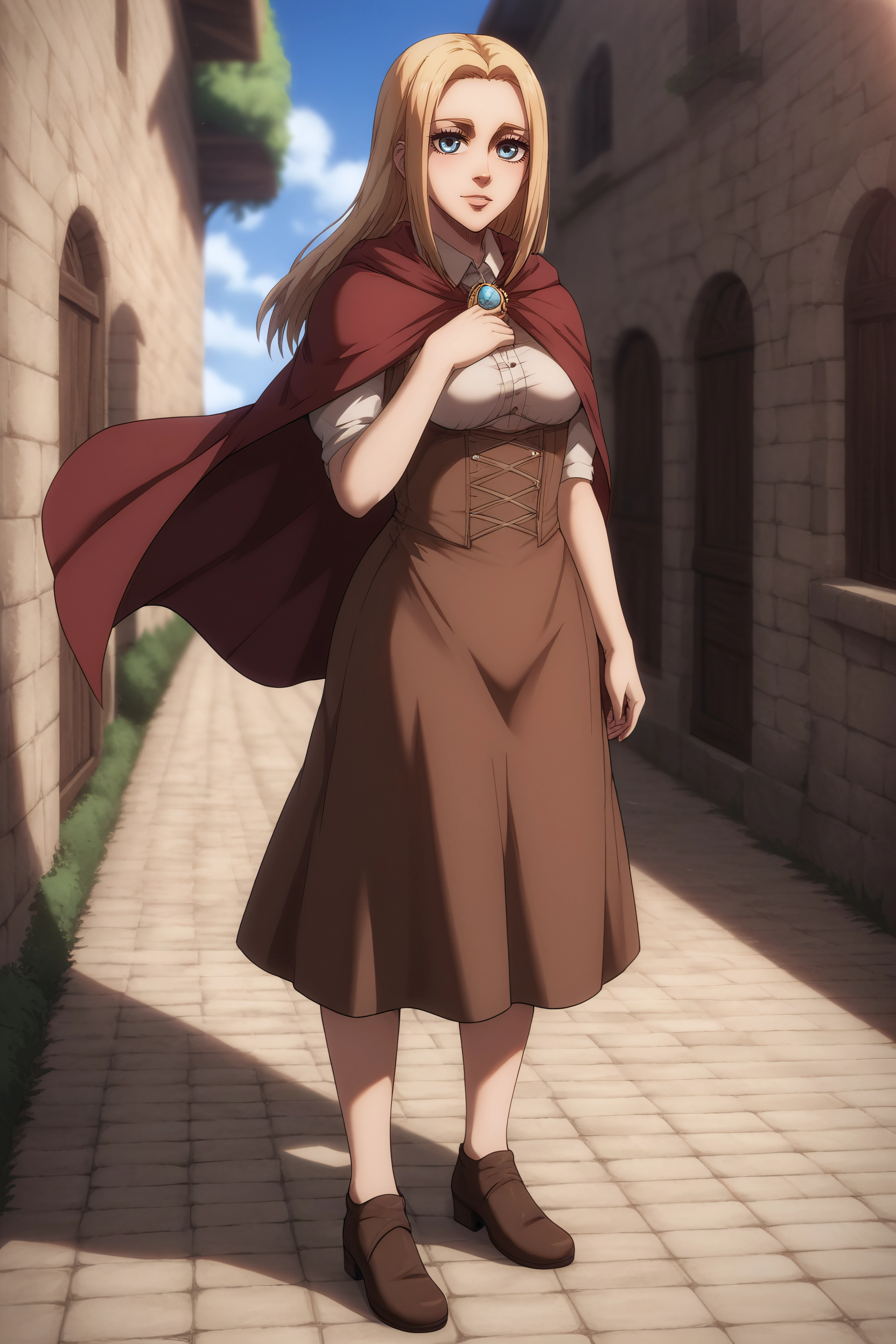 score_9, score_8_up, score_7_up, BREAK source_anime, <lora:historia reiss v2-PonyXL-lora-Faxtron:0.8> historia reiss, medium breasts, long brown dress, red cape, shoes,