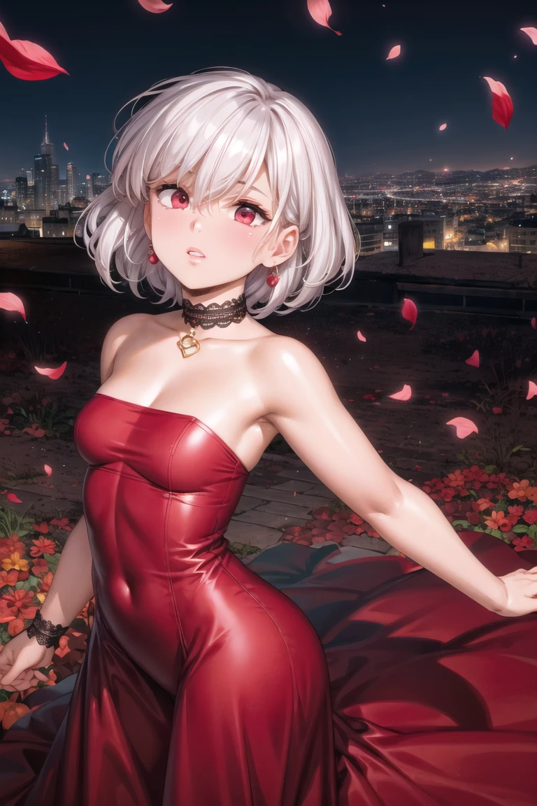 (masterpiece, best quality:1.3), (colorful), 1girl, solo,
(long dress, sleeveless, strapless:1.3),
(realistic:1.2), (dynamic angle),great composition, (beautiful and aesthetic:1.2), (detailed background:1.5), (city streets, at night, full moon, wind and flower petals:1.2),
empty eyes, half-closed eyes, (standing:1.2), (armpits:1.1),
choker, jewelry, (instricated detailed eyes and hair:1.2), lace eyelashes, glossy skin, parted lips, seductive,
white hair, short hair, red eyes, hair between eyes, 
<lora:urushihara_satoshi-10:1.0:lbw=ALL>