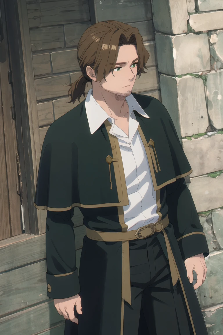 solo male, Sein \(Frieren: Beyond Journey's End\), priest, brown hair, low ponytail, parted bangs, thin hair, stubble, green eyes, white collared shirt, (shirt white hems, untucked shirt:1.3), (dark coat with a golden accent), dark capelet, dark sleeves, black pants, black footwear. open coat, mature, handsome, charming, alluring, standing, upper body, perfect anatomy, perfect proportions, best quality, masterpiece, high_resolution, dutch angle, cowboy shot, photo background, old city<lora:EMS-360624-EMS:1.000000>