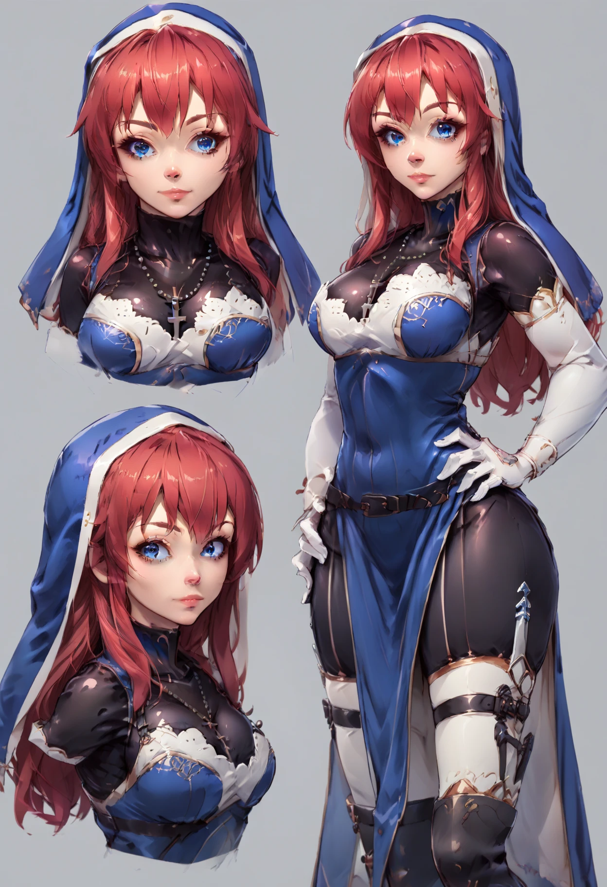 score_9, score_8_up, score_7_up,source_anime, <lora:xl_more_art-full_v1:0.8>,<lora:add-detail-xl:1>
BREAK
<lora:concept:1>conceptart,1girl,battleNun, cross necklace, habit, red hair, blue eyes, , <lora:battleNunPony:1>, , multiple views,, reference sheet, grey background, hand on hip, simple background