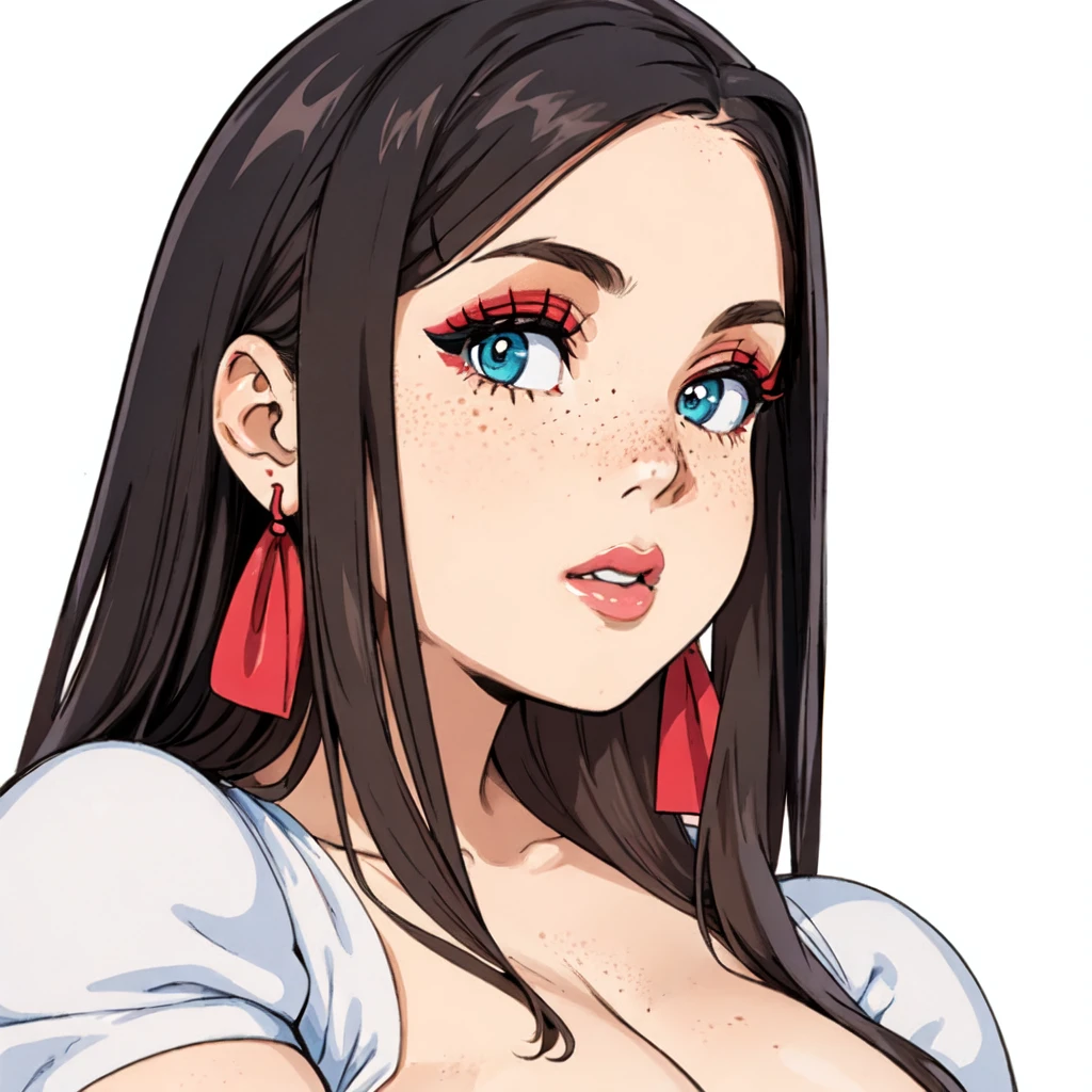SierraSkye,(pixiv fanbox, official art, trending on artstation, divine),1girl,bust portrait,solo,hotify,freckles,white dress,cleavage,curvy, <lora:SierraSkye_v02:.75>, colored background, simple background, prettyeyes