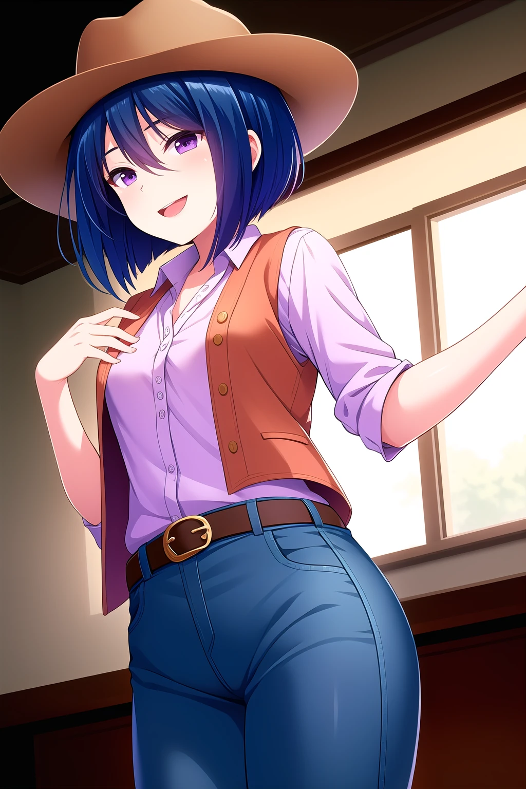 (masterpiece, best quality), highly detailed background, perfect lightingbest quality, hibaraeiko, solo, indoors, cowboy western, cowboy hat, brown headwear, blue hair, hair between eyes, short hair, purple eyes, small breasts, red bandana brown vest, blue shirt, belt, blue pants, smile, open mouth, :d, pink lips, <lora:Hibara-Eiko:0.7>