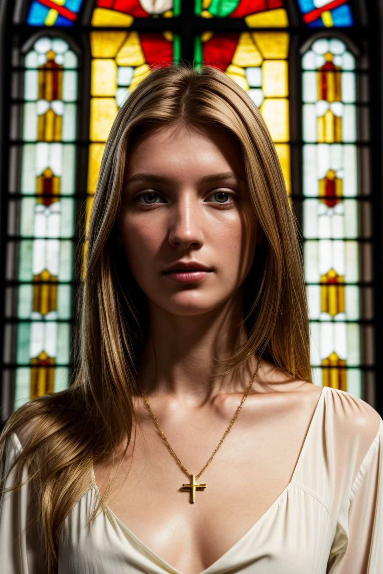 European woman, closeup, (shirt), pants, ((inside a church: 1.2), stained glass), gold necklace , ZM_stefana, wide shoulders, perfect face, (contact iris: 1.1), pale skin, skin pores , depth of field