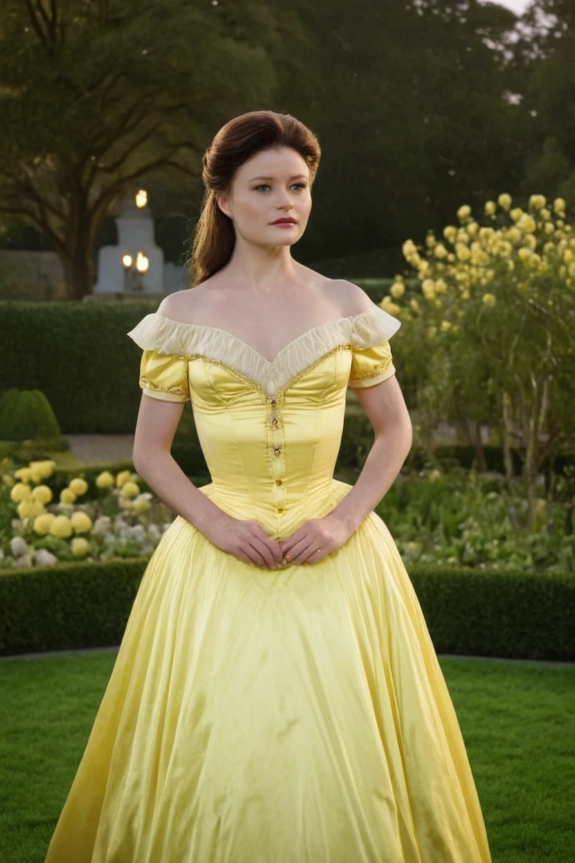 A graceful belle in her unique yellow dress gesturing amidst the drop-dead gardens of a Victorian estate, radiating a captivating charm under the soft, ethereal glow of twilight, captured in a professional portrait with a low angle, emphasizing her elegance and femininity <lora:belle:1> . 35mm photograph, film, bokeh, professional, shot by pieter hugo, 4k, highly detailed
