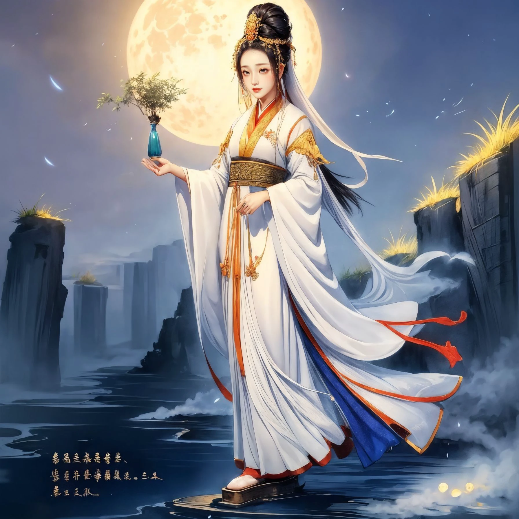 ((best quality)), ((masterpiece)),
((tangka,1girl)),full moon,hanfu,dress,chinese clothes,(chinese text, text focus,wall of text),
<lora:bguanyinv5:0.489>,
<lora:add_detail:0.512>, <lora:yuzuv10:0.3>,