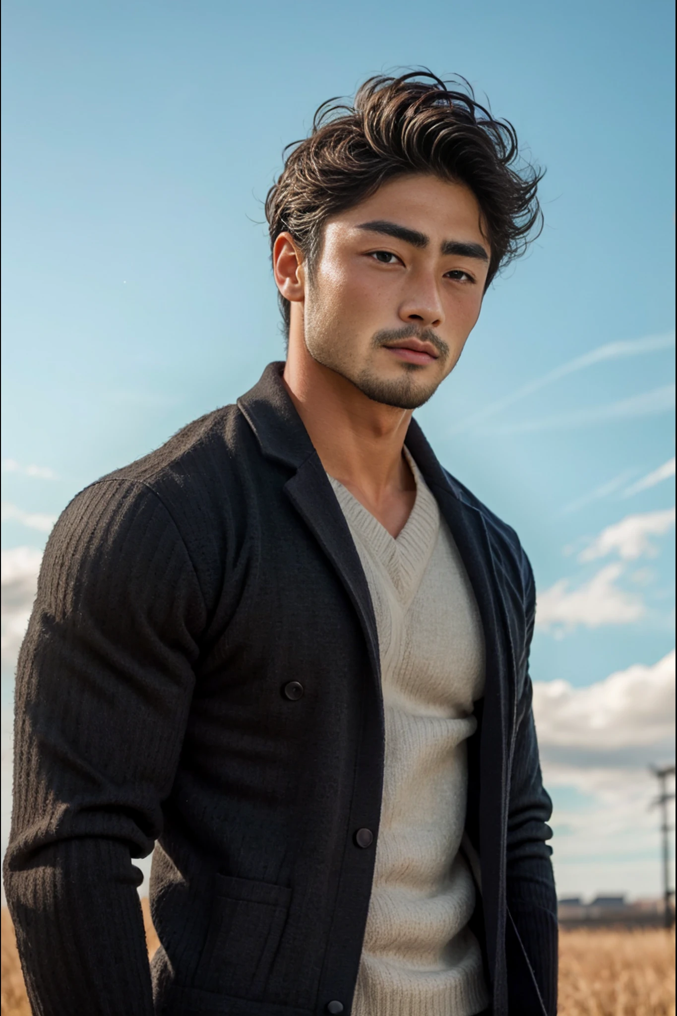 <lora:Kenji_GV:1>1boy, athletic, beard, beautiful, beautiful boy, black hair, black jacket, father, grey sweater, handsome man, hunk, jacket, japanese, jock, male, male focus, male model, mature male, model, outdoors, realistic, ripped, shirt, short hair, sky, upper body