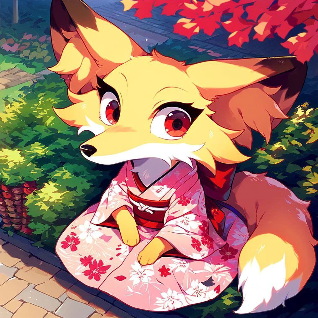 anthro, solo, feral, female, canid, fox, red_eyed_fox, yellow fur, clothes, sitting, wearing pink kimonos, fluffy fur, big red eyes, big fox tail, big fox ears, at park, score_9_up, score_8_up, score_7_up, source_anime