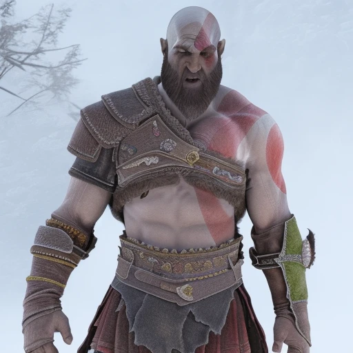 A man with a short beard and a big axe, A half body,Game God of War,kratos, Portrait of Kratos, high detail iconic character, barbarian class, Savage, render of heavy fantasy armor, many scars,male barbarian, The expression is fierce,The face is ferocious,scowling,picture of an adult male warrior, Right hand raised,Hands holding large axes,The axe is on the shoulder,simplebackground,Cinema lenses,k hd,realisticlying,Volumetriclighting,realskin,The picture is bright,Global illumination, face illuminated,