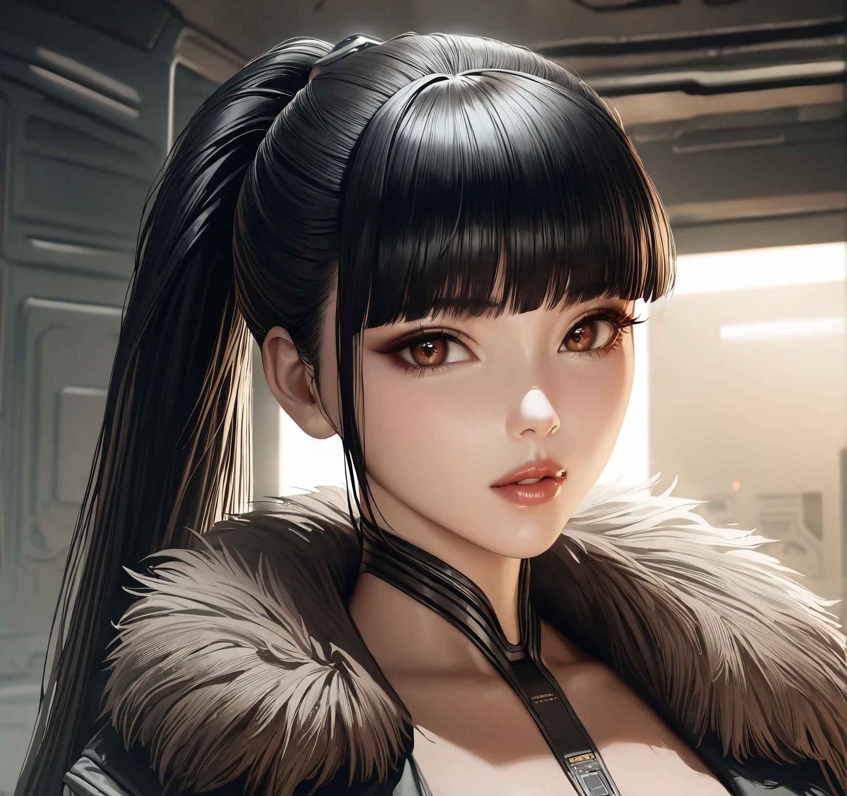 1girl,
solo, long hair, looking at viewer, black hair, brown eyes, jacket, upper body, ponytail, blunt bangs, fur trim, lips, portrait, science fiction, asian,realistic,
masterpiece, newest, absurdres, safe, <lora:eve-v1-sdxl:0.9>