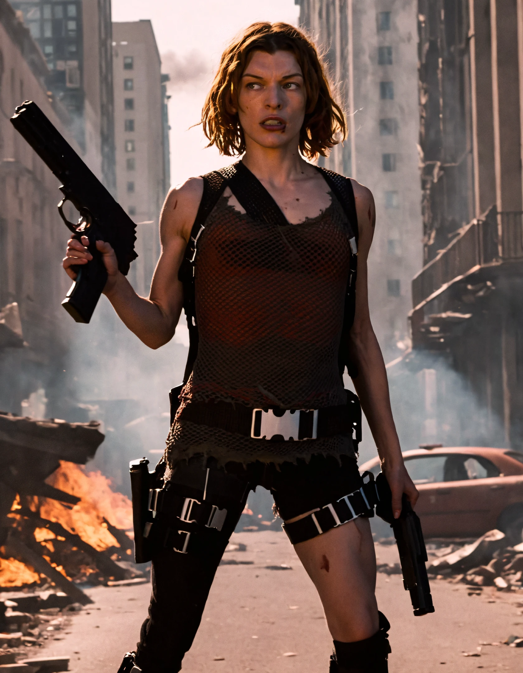 high resolution photo of alic3apocalypse woman,brown wavy hair,wearing apoc outfit,she is standing in a city on fire while holding a gun,full body shot