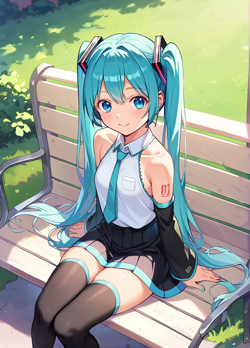 score_9, score_8_up, score_7_up, score_6_up, (hatsune miku:0.8) in a public park,detached sleeves, black thighhighs, black skirt, she is sitting on a bench, behind her there is a weird machine that looks old, she is smiling, looking at viewer, blush
<lora:hanainu_style_pony6_v1-000014:1>