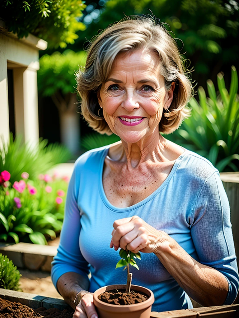 close-up frame portrait of a happy thin slim older woman gardener, planting, provence garden in the background, bokeh, sharp focus on subject, shot by, High Resolution 


