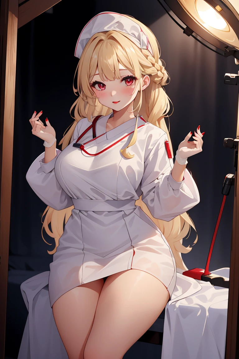 (RAW photo, best quality), (1girl), operating room, overhead surgical light,blurred background, focused,
 <lora:Hands_UP_V2.0-000006:0.8> hands_up_surgeon, looking at viewer, surgical mask, gloves,long dress, long sleeves,bouffant cap,
 <lora:Tanya Moon:0.6> tanya moon, cstch06, 1girl, long hair, blonde hair, red eyes, medium breasts, braid, lipstick, red nails, thick thighs, blunt bangs, long fingernails, red lips,