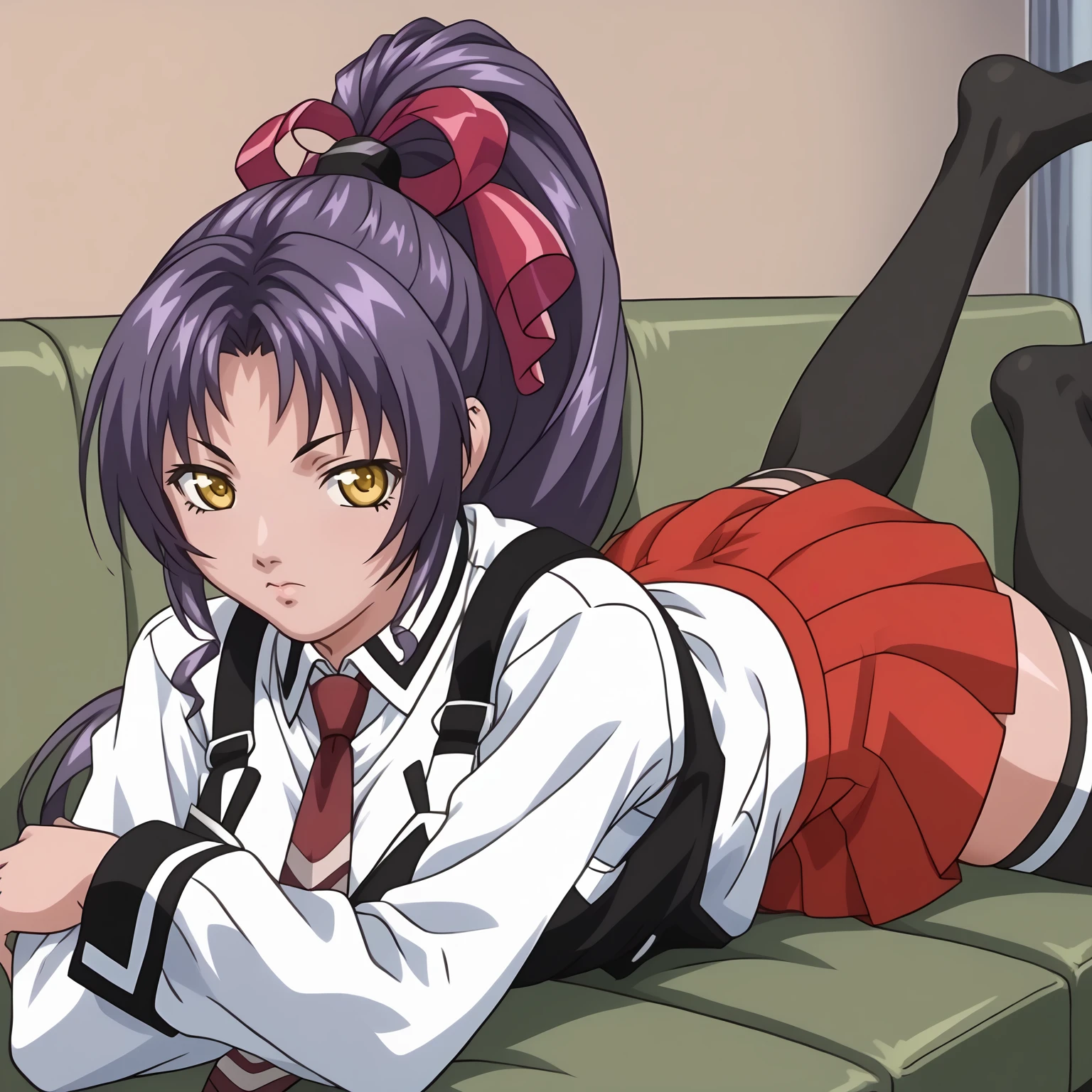 <lora:NamiKozonoXLpony001>,
solo,
NamiKozono,1girl,purple hair,high ponytail,hair_ribbon,yellow eyes,
school uniform,white shirt,strap,vest,red tie,
red skirt,
thighhighs,
sofa,on_stomach,