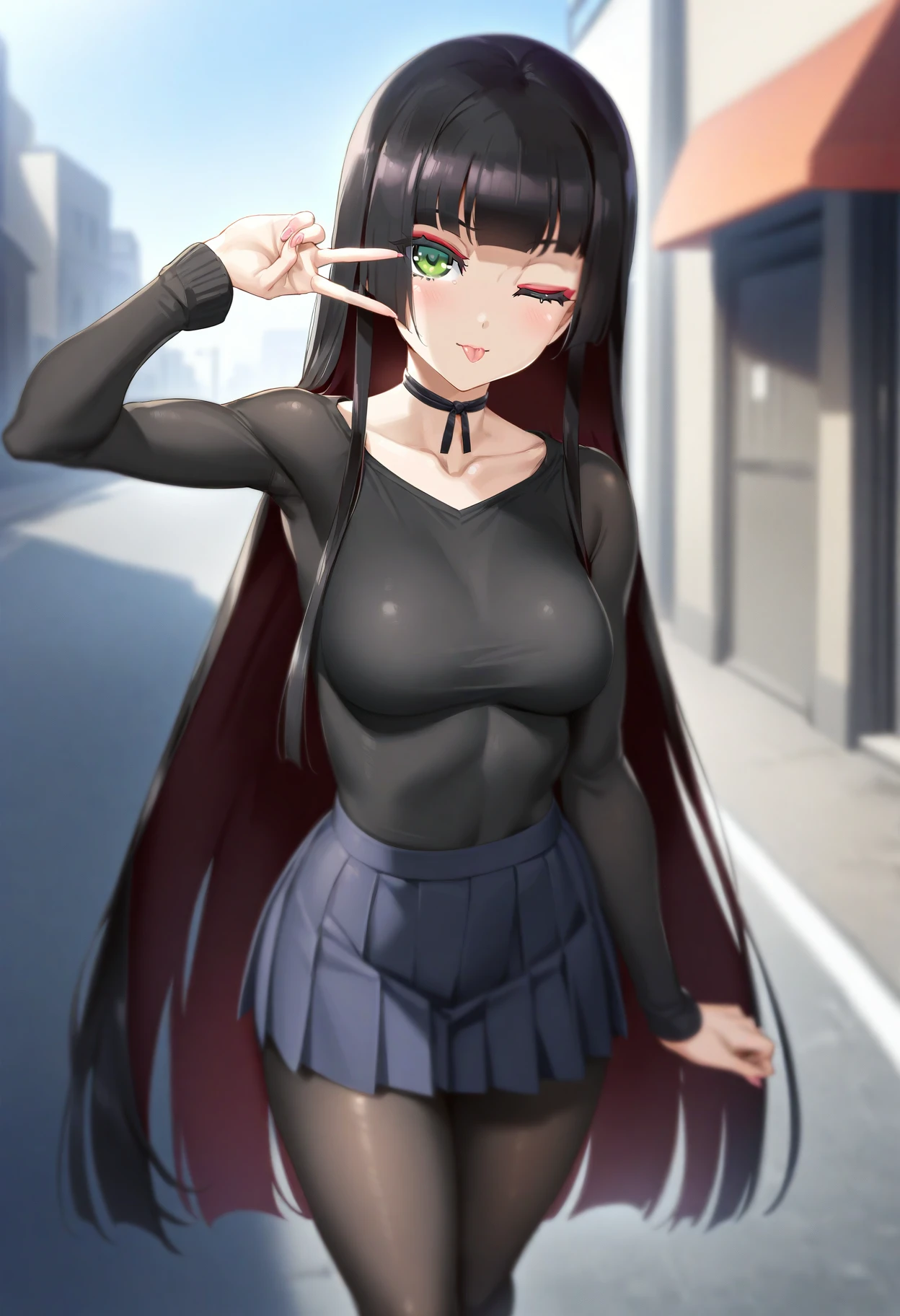 renge \(bishoujo mangekyou\),
1girl,solo,aged up, 
masterpiece,best quality,
black hair,very long hair,blunt bangs,hime cut,green eyes,medium breasts,one eye closed,tongue out,black shirt,pleated skirt,pantyhose,v,outdoors,street