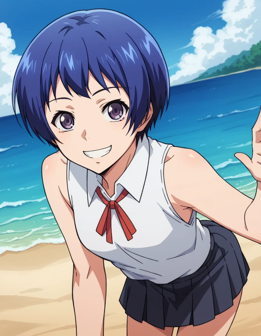 score_9, score_8_up, score_7_up, source_anime,
ainayoshizawa,  <lora:aina-yoshizawa-s1-ponyxl-lora-nochekaiser:1>,
aina yoshizawa, short hair, blue hair, purple eyes,
skirt, sleeveless, socks, shirt, white shirt, collared shirt, ribbon, neck ribbon,
outdoors, beach, smile, bent over,
looking at viewer, dutch angle, cowboy shot, solo,
