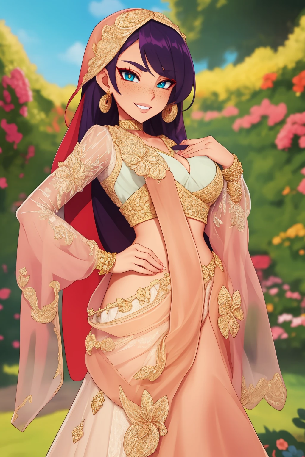 anime artwork beautiful adult woman, solo, smile <lora:Outfit_soph_CholiLehengaDupatta:0.65> vibrant colors, layered lehenga, choli, ((dupatta scarf)), dr3ss, embroidered, organza, lace, standing, choker ,see-through sleeves, long sleeves, eyeliner, eyeshadow, makeup, (freckles) , beautiful garden, outdoors, high quality, best quality, high detail, 8k resolution, standing, anime style, vibrant, studio anime, highly detailed