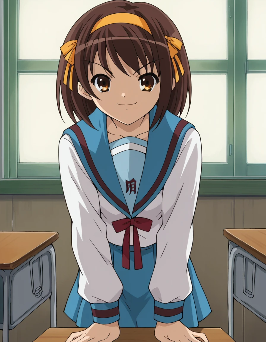 score_9, score_8_up, score_7_up, source_anime,
haruhisuzumiya,  <lora:haruhi-suzumiya-s1-ponyxl-lora-nochekaiser:1>,
haruhi suzumiya, short hair, brown hair, brown eyes, hairband, medium hair, ribbon, hair ribbon,
skirt, long sleeves, school uniform, serafuku, sailor collar, blue skirt, blue sailor collar, winter uniform, kita high school uniform,
indoors, classroom, bent over, smile,
looking at viewer, cowboy shot, solo,