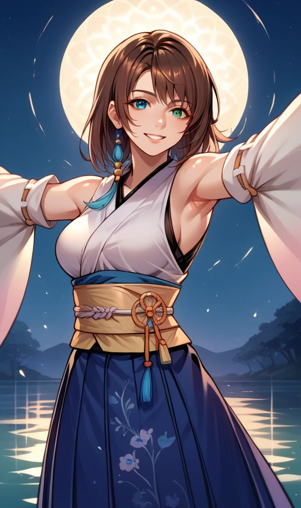 score_9, score_8_up, score_7_up, score_6_up, source_anime, BREAK masterpiece, PonyYuna, hakama, brown hair, medium hair,  detached sleeves, heterochromia, blue eyes, green eyes, night, water, outstretched arms, dancing, breasts, smile, close-up,