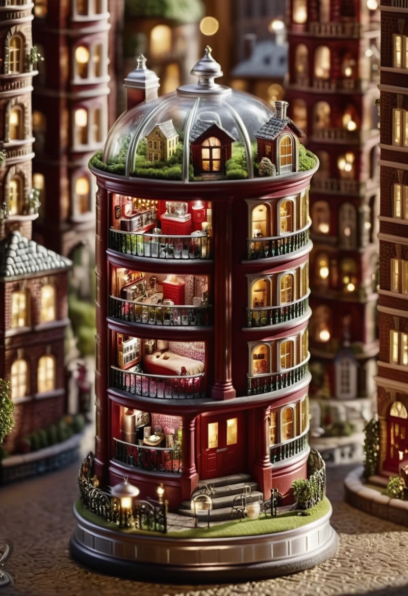 cinematic photo in a surreal landscape, a miniature of a house sits nestled in the heart of a bustling city. Inside a can of freshly squeezed soda, the intricate details of its exterior are captured in stunning detail. , 35mm photograph, film, bokeh, professional, 4k, highly detailed,